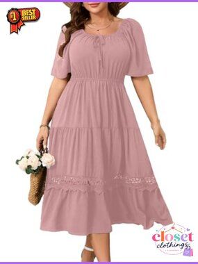 Plus Size Maxi Dress Short Sleeve Square Neck Wedding Guest Summer